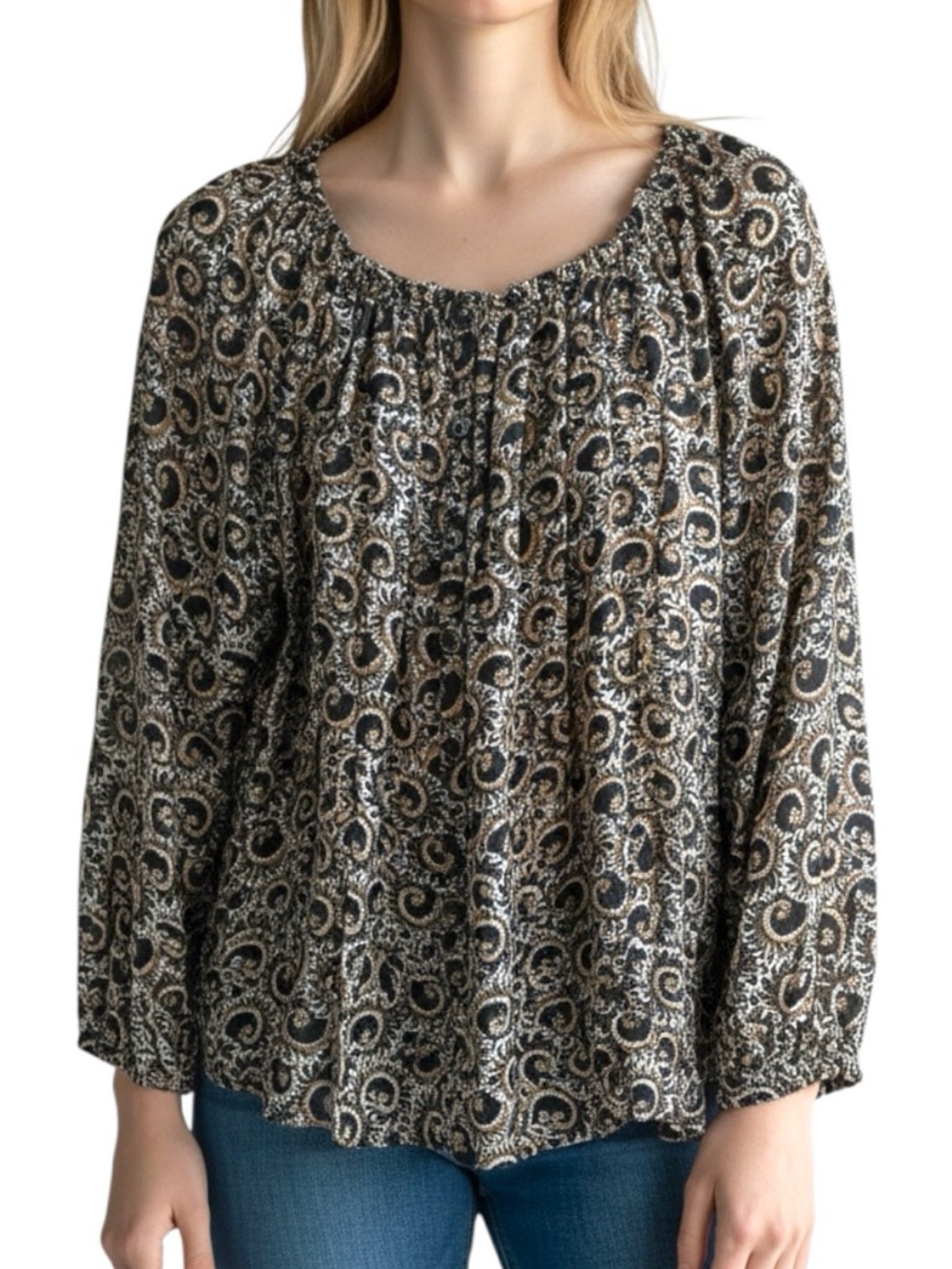 White Stag Neutral Combo Paisley Peasant Blouse Brown Black Flowy